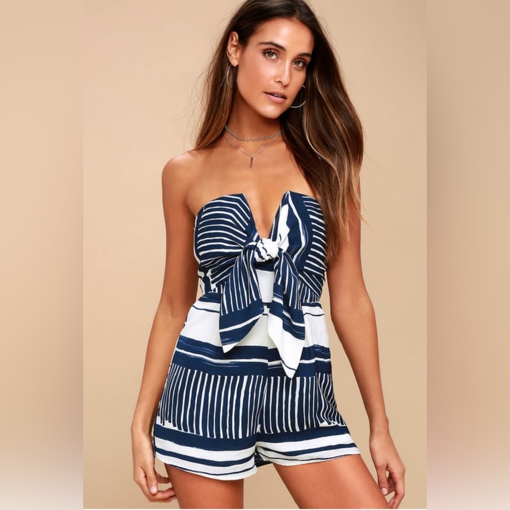 Delphi Blue and White Striped Tie-Front Strapless Romper
